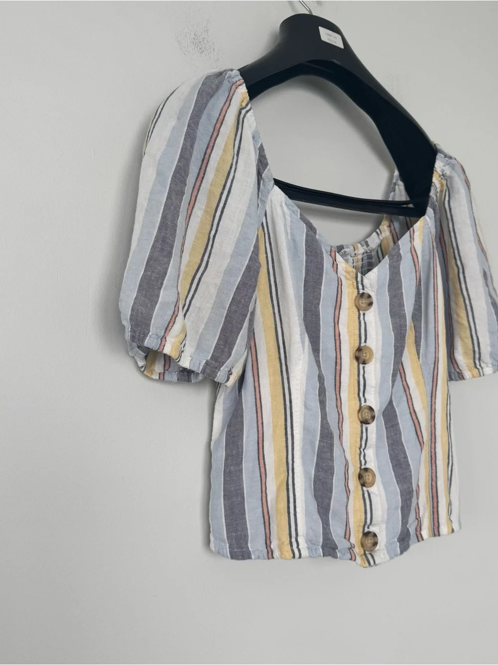 Abercrombie & Fitch Linen Crop Top Pastel Stripe Puff Sleeve Smocked Blouse S